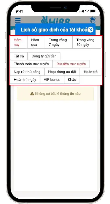 Bước 3: Chọn thời gian muốn kiểm tra + Rút tiền trực tuyến